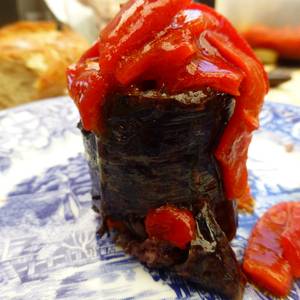 Pincho de morcilla a la brasa con pimientos