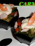 Salteado de verduras y langostinos en vasitos
