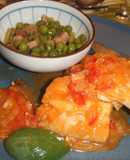 Bacalao fresco guisado con guisantes caramelizados