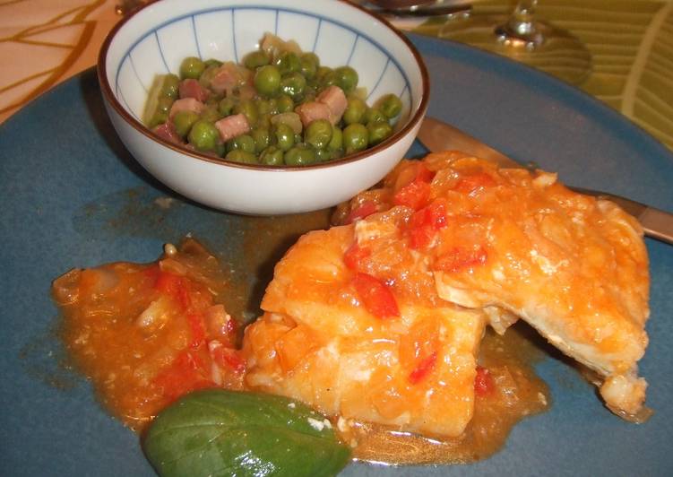 Bacalao fresco guisado con guisantes caramelizados Receta