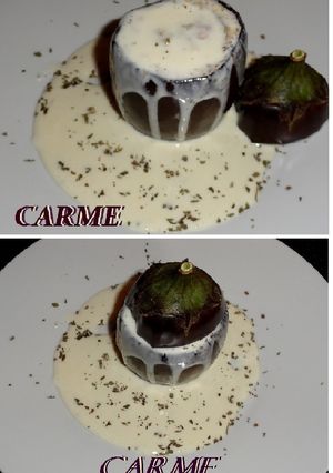 Una foto de Berenjenas rellenas de langostinos con salsa de queso