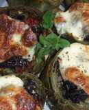 Alcachofas rellenas de morcilla y gratinadas con queso mozzarella