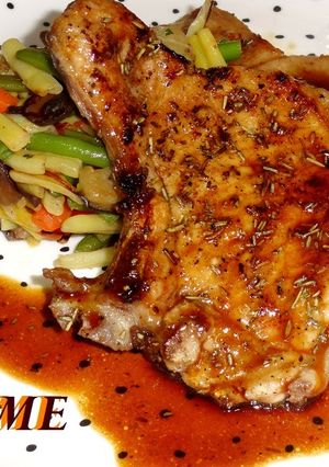 A picture of Pork Chops with Rosemary, Soy Sauce, and Honey.