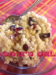 A picture of Brown Rice Pudding with Dried Cranberries and Almond Milk.