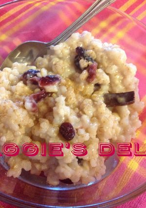 A picture of Brown Rice Pudding with Dried Cranberries and Almond Milk.