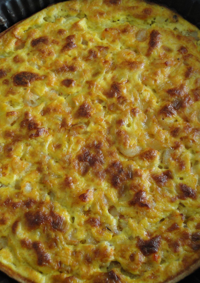 Una foto de Quiché de puerros y gambas
