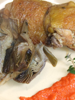 Una foto de Pollo al coñac con salsa de pimientos rojos