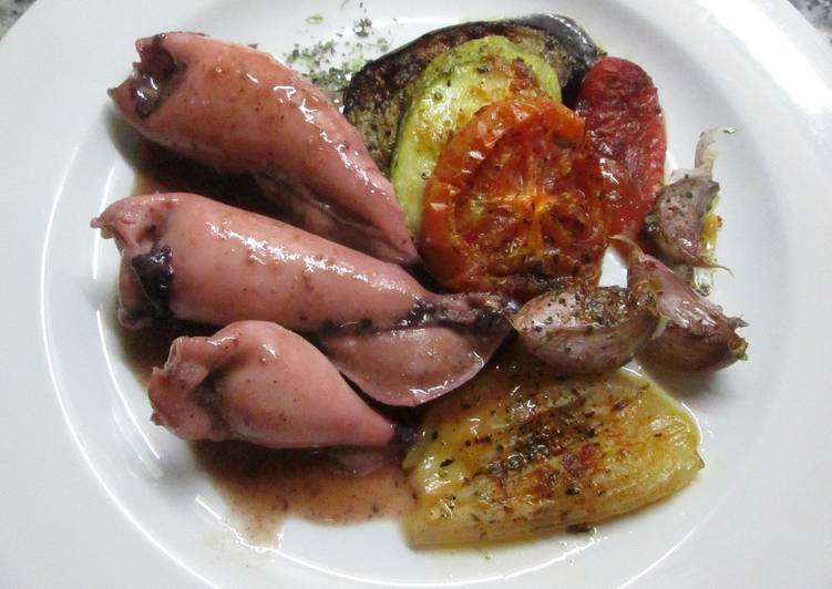 Calamares rellenos con mix de verduras asadas