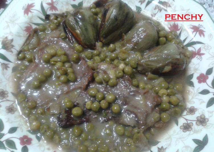 Filetes de ternera con alcachofas y guisantes Negré