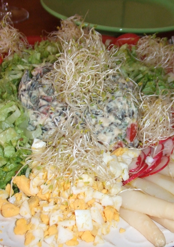 Una foto de Ensalada de arroz con atún, espárragos y brotes de alfalfa