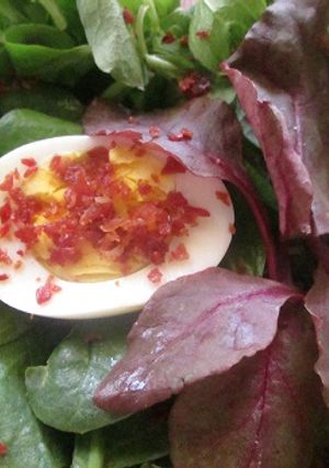 Una foto de Ensalada de brotes y huevos con sal de jamón serrano
