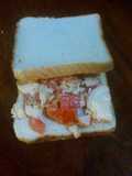 Ensalada de pollo tomate morrón y mayonesa para el sándwich de la caja de pesca