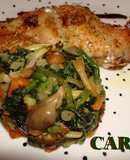 Conejo asado con timbal de verduras