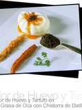 Flor de huevo y tartufo en grasa de oca con chistorra de dátiles
