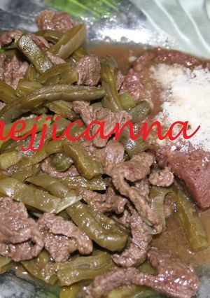 Una foto de Carne con nopalitos y chile verde