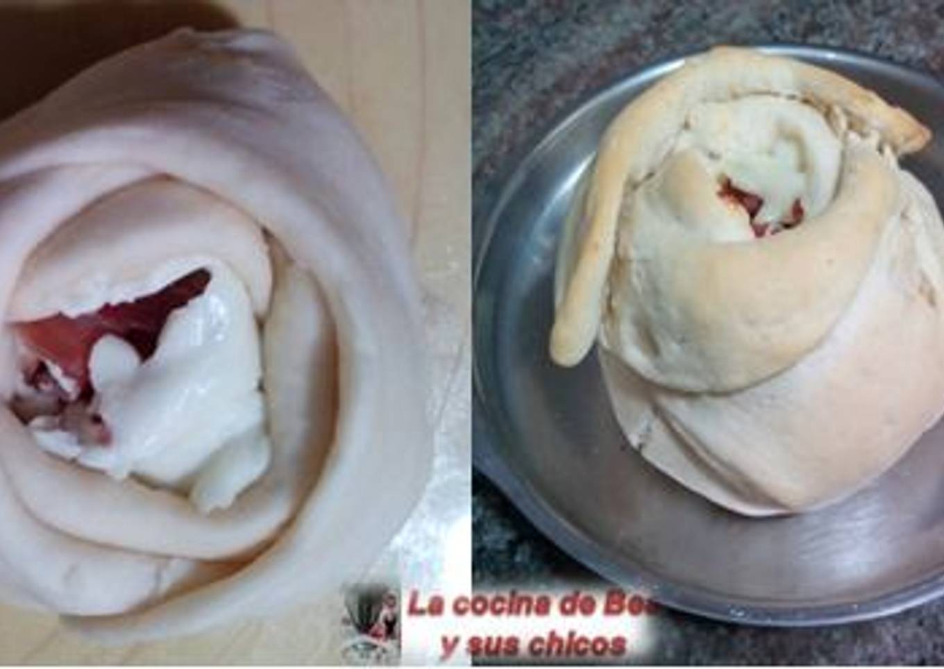 Pizza de jamón y queso con forma de rosa