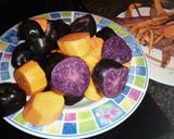 Foto del paso 1 de la receta Brochetas Gratinadas de Boniato y Patata Vitelotte con Serrano