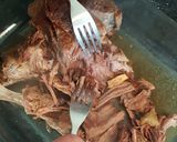 A picture of step 17 of Slow Cooked Shredded Beef. Roast Spuds and Roasted Broccoli.