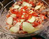 A picture of step 2 of Panzanella with Multigrain Bread, Vegetables, Tuna, and a Hint of Balsamic Vinegar.