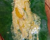 A picture of step 3 of Pabda Paturi (with Taro/ kochu/Alvi leaves) and Pabda Bhappa.