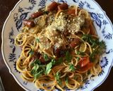 A picture of step 4 of California Farm Spaghetti with Pepperoni, Zucchini, Tomato Sauce.