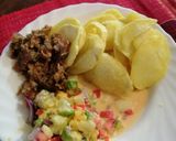 A picture of step 10 of Roasted potatoes, kachumbari in castor milk and fried beef.