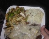 A picture of step 4 of Lamb steak with mushroom sauce stir fried vegis and mashed potatoes.