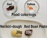 A picture of step 1 of Nerikiri Wagashi: "Tsubaki" (Camellia).