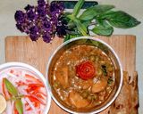 A picture of step 1 of Alo matar ki bhujiya and masalaydar chicken.