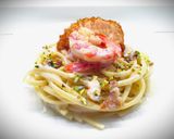 A picture of step 5 of Linguine with Gorgonzola Cream, Shrimp, and Crispy Lardo di Colonnata.