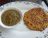 A picture of step 2 of Veggie Oats Chilla with green chutney.