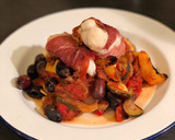 A picture of step 7 of Monkfish in Parma ham with kalamata olive ratatouille.