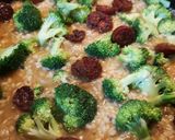 A picture of step 5 of Fusion risotto. Prawn, chorizo and broccoli topped with seaweed.