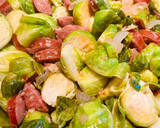 A picture of step 3 of Brussel Sprouts with Kielbasa.