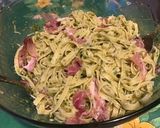 Une image de l'étape 7 de Tagliatelles au pesto de céleri & pistaches au jambon cru.
