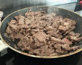 A picture of step 2 of Beef goulash with mushrooms served on potato pancakes.