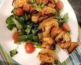 A picture of step 7 of Healthy chicken skewers served with a salad.