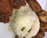 A picture of step 3 of White rice, meaty tomato stew and fried plantain.