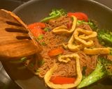 A picture of step 8 of Stir fried noodle with cheesy Tamagoyaki and grilled soysauce avocado.