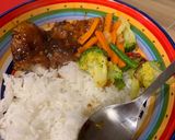 A picture of step 7 of Honey soy fish with rice and stir fry veggies.