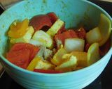 A picture of step 1 of Paneer Tikka with colorful veggies.