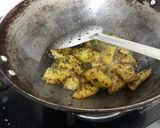 A picture of step 2 of Daliya couscous with curry leaf pesto crusted potatoes.