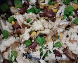A picture of step 7 of Chicken fajita soup with chicken pin rolls and cheesy potatoes.