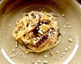 A picture of step 7 of Spaghetti with Miso Cream, Shiitake Mushrooms, and Crushed Hazelnuts.