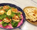 A picture of step 11 of Eggplant with haloumi, beetroot, tzatziki and yogurt flatbreads.