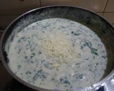 A picture of step 6 of Spinach Alfredo pizza (homemade base).