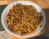 Une image de l'étape 16 de Spaghettis tricolores à la pancetta, poivrons, tomates, champignons et gruyère.