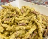 A picture of step 5 of Paccheri with Pistachio Pesto and Speck.