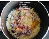 A picture of step 2 of Pulled Pork with Lemon+Chilli Pepper+Red Onions Rice.Garnish-Salty Grated Carrots+Scallions.