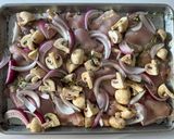 A picture of step 3 of Roasted Chicken with Mushrooms and Red Onions.